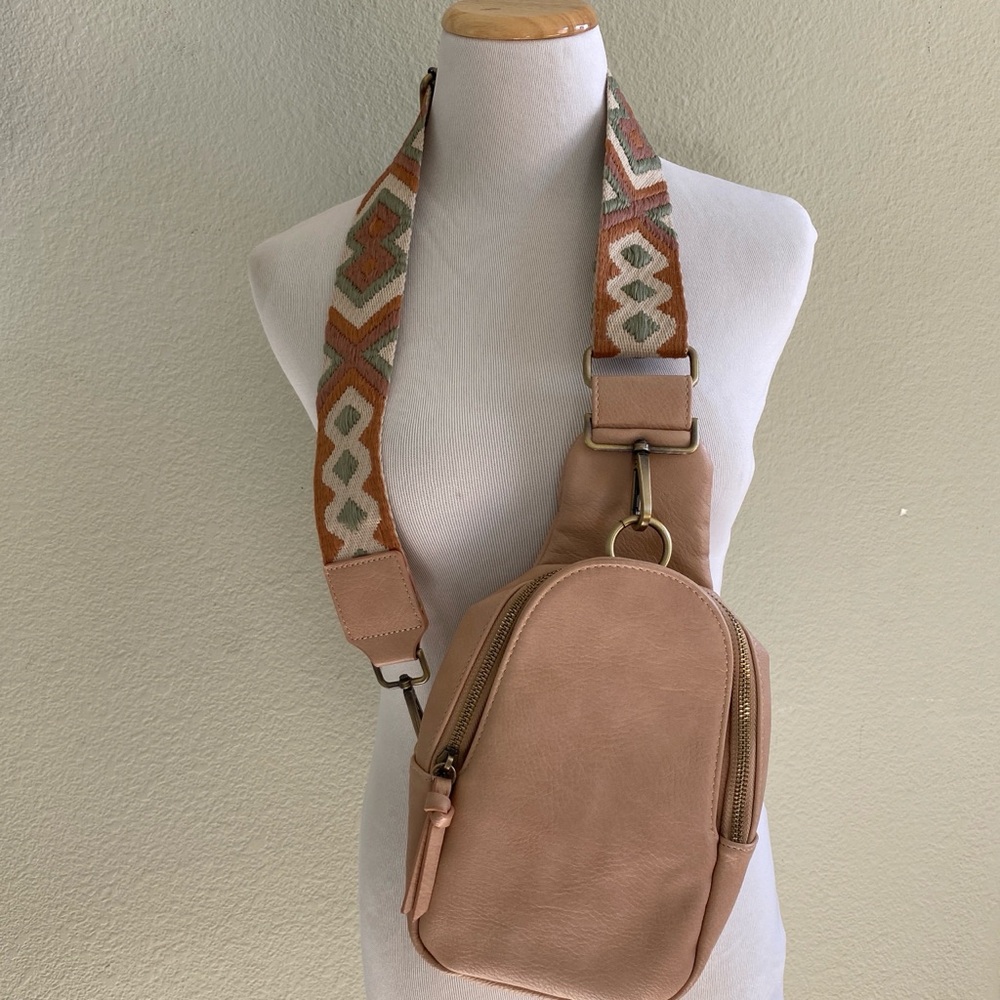 Anthropologie Pink Crossbody Bag with Patterned Strap